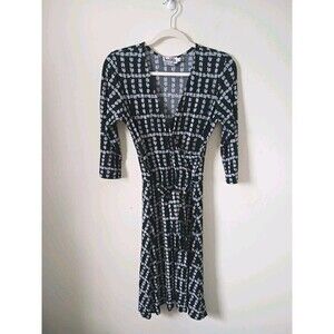 Leota Womens Faux Wrap Black White Plaid Dress 3/4 Sleeve V Neck Size M